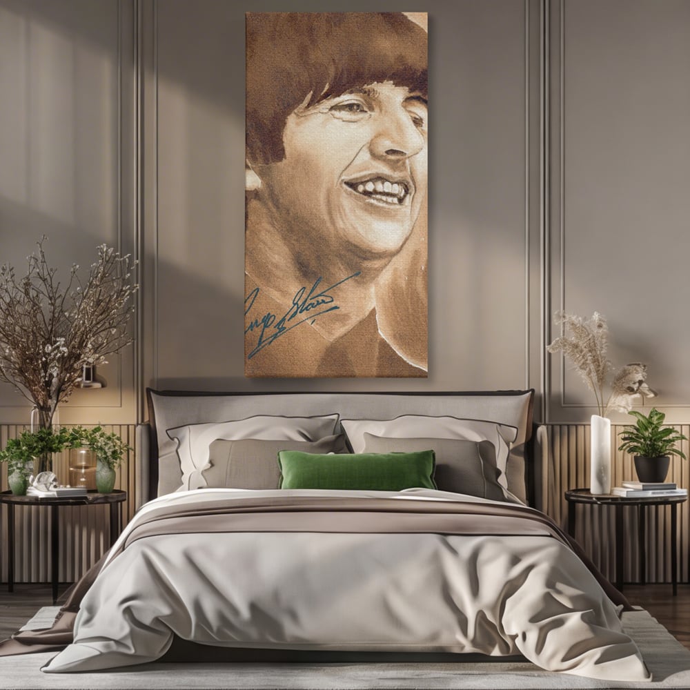 Tablou canvas cu tablou canvas portret ringo starr, fara rama, pe sasiu de lemn, pe perete intr-un dormitor
